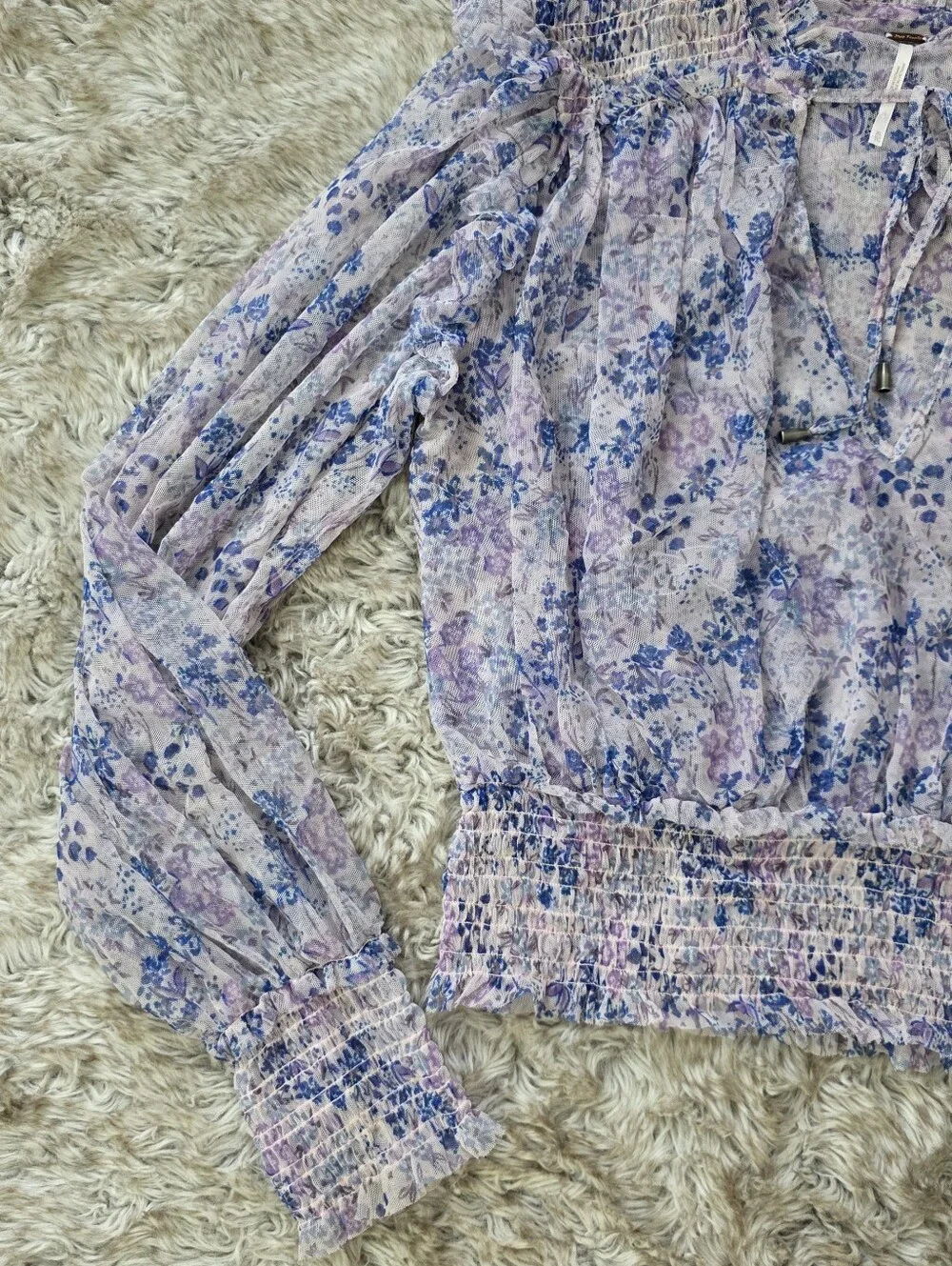 Free People Twyla Smocked Floral Lavender Ruffle Tie-Neck Blouse Womens Size XL